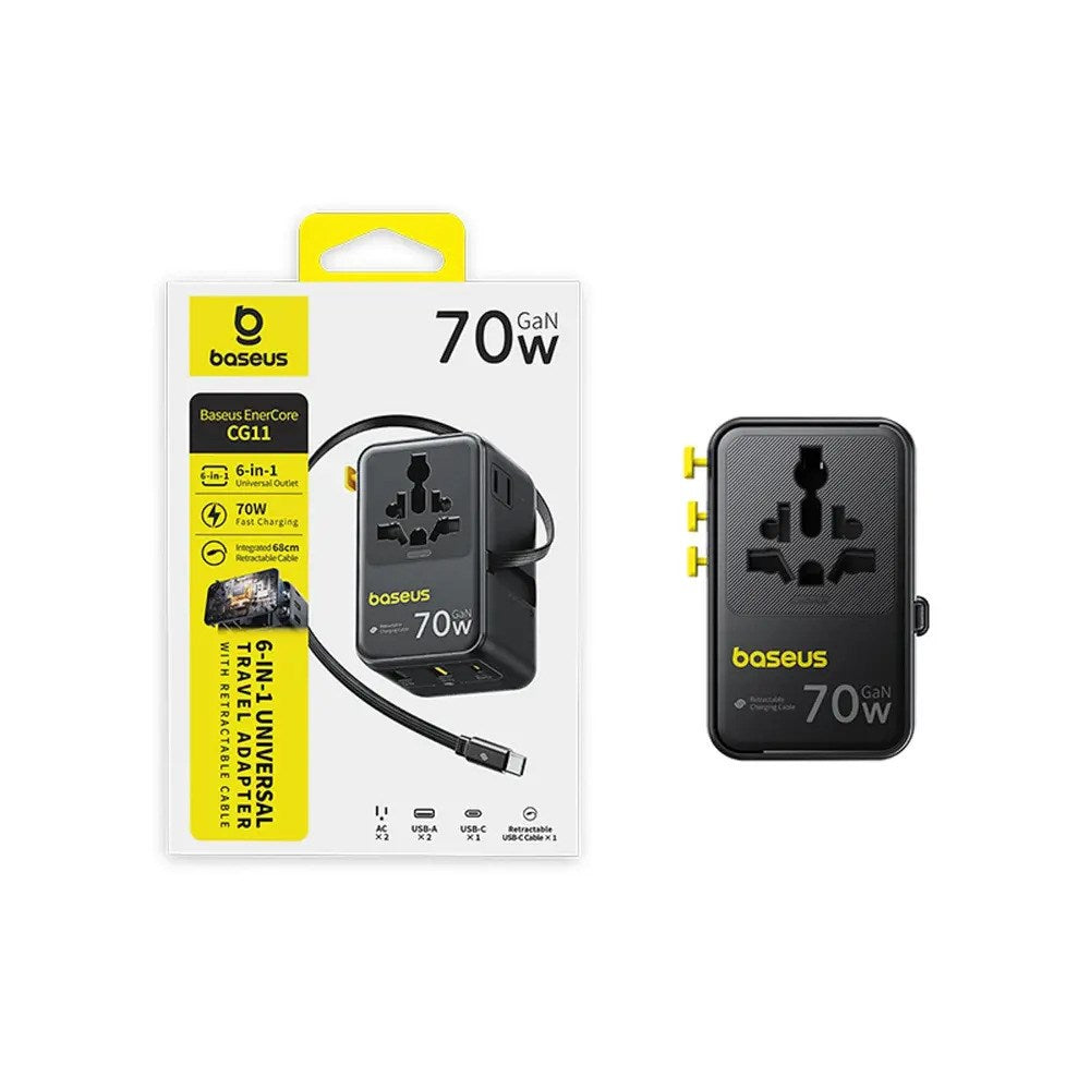Baseus 70W 6-i-1 Rejseadapter m. Udtrækkeligt USB-C Kabel - Sort