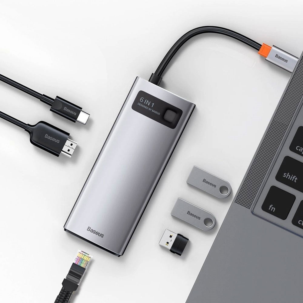 Baseus 6-i-1 USB-C Multiport Hub m. 3 x USB-A 1 x USB-C 1 x HDMI 1 x RJ45 - Grå