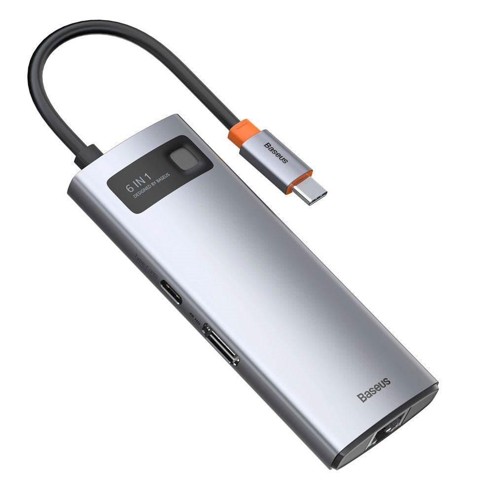Baseus 6-i-1 USB-C Multiport Hub m. 3 x USB-A 1 x USB-C 1 x HDMI 1 x RJ45 - Grå