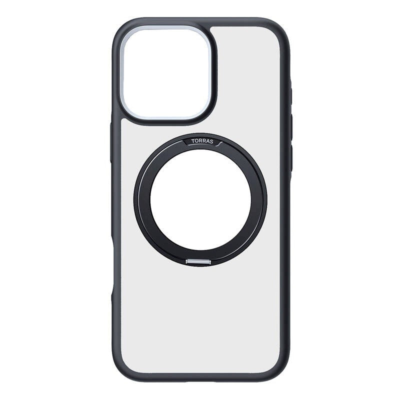 TORRAS - iPhone 16 Pro - Hybrid Plastik Cover m. Roterbar Kickstand Ring - MagSafe Kompatibel - Gennemsigtig / Sort