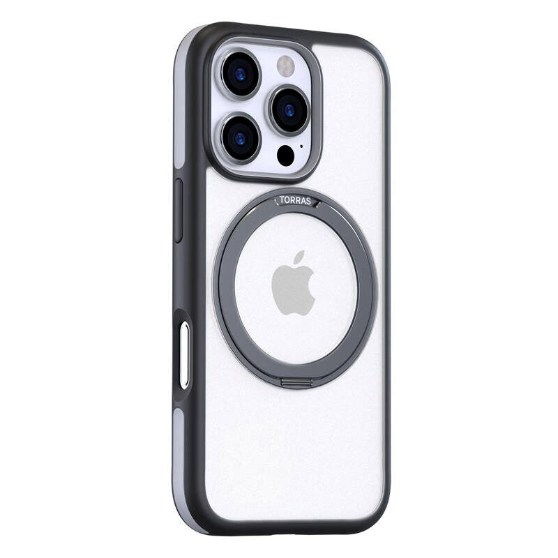 TORRAS - iPhone 16 Pro - Hybrid Plastik Cover m. Roterbar Kickstand Ring - MagSafe Kompatibel - Gennemsigtig / Sort