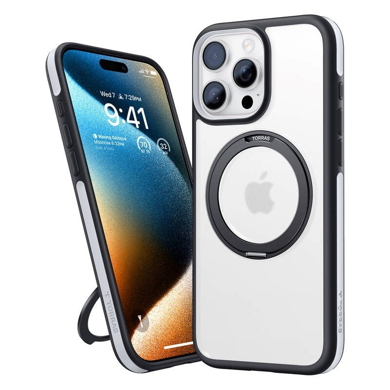 TORRAS - iPhone 16 Pro - Hybrid Plastik Cover m. Roterbar Kickstand Ring - MagSafe Kompatibel - Gennemsigtig / Sort