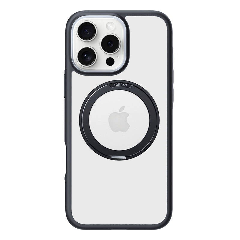 TORRAS - iPhone 16 Pro - Hybrid Plastik Cover m. Roterbar Kickstand Ring - MagSafe Kompatibel - Gennemsigtig / Sort