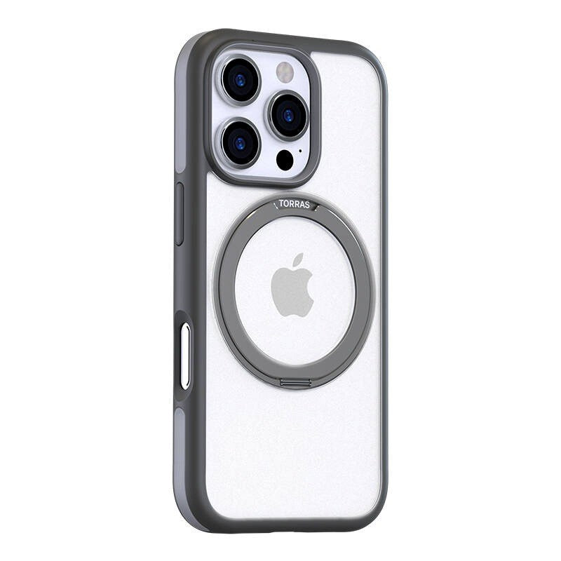 TORRAS iPhone 16 Pro Max - Hybrid Plastik Cover m. Roterbar Kickstand Ring - MagSafe Kompatibel - Gennemsigtig / Grå