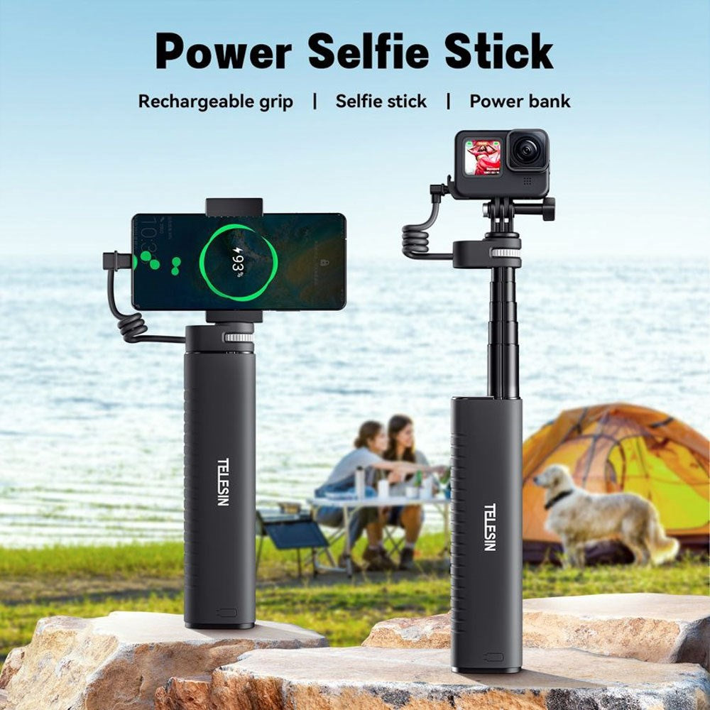 TELESIN Genopladelig Selfie Stang - Indbygget Power Bank - Sort