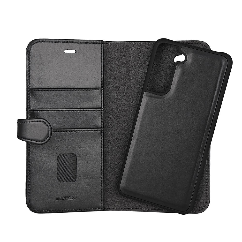 Samsung Galaxy S21 FE Buffalo Wallet Ægte Læder Magnet Flip Cover m. Pung - Sort