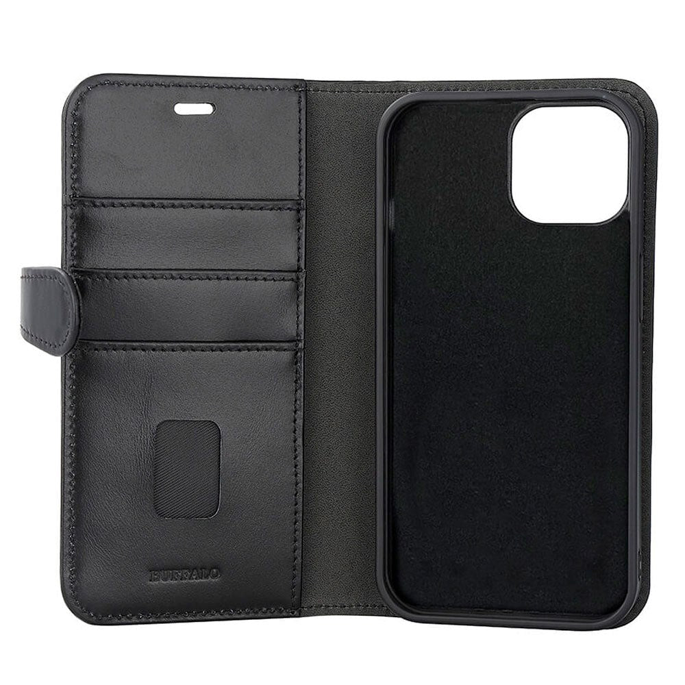 iPhone 15 Buffalo 2-in-1 Wallet Ægte Læder Magnet Flip Cover m. Pung - Sort