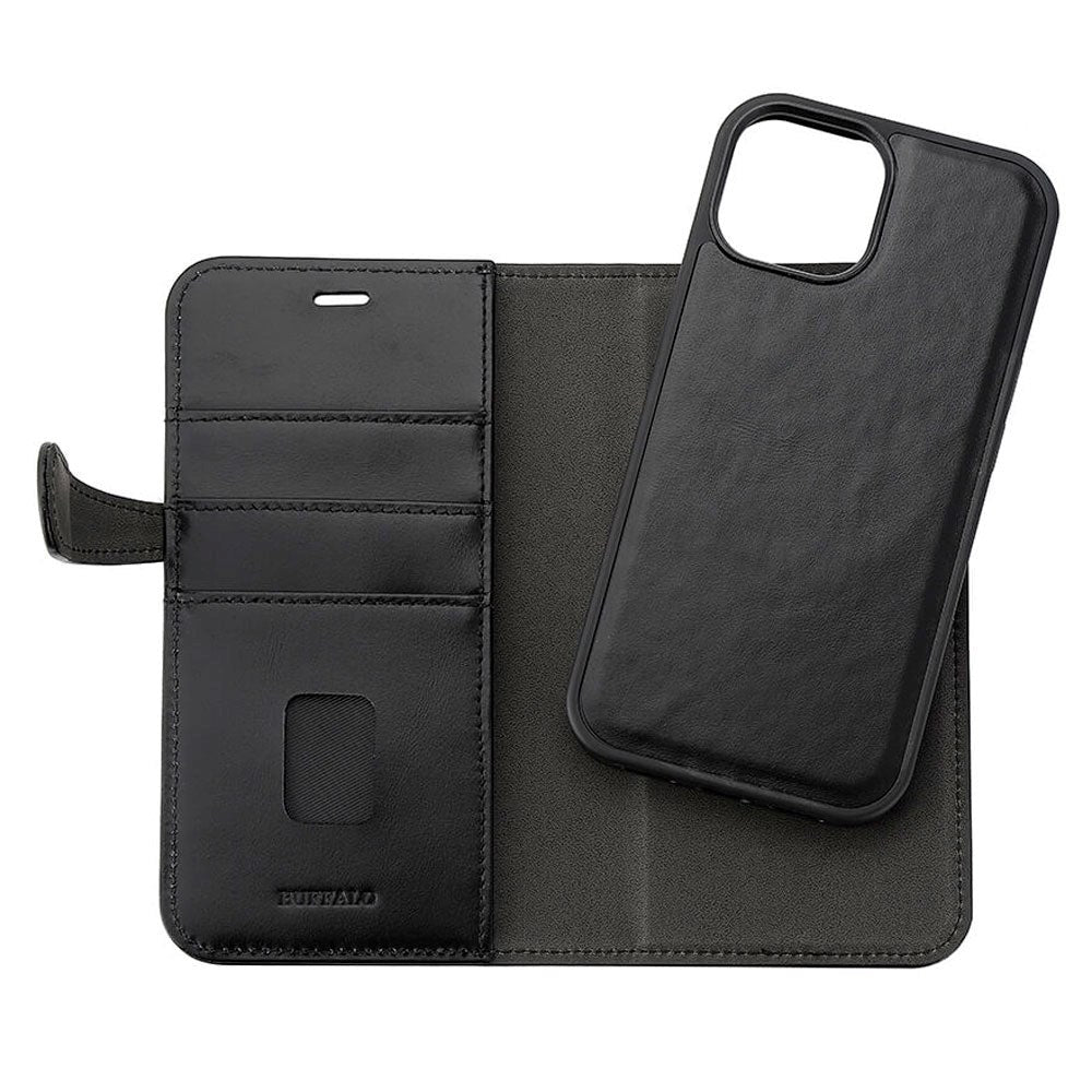 iPhone 15 Buffalo 2-in-1 Wallet Ægte Læder Magnet Flip Cover m. Pung - Sort