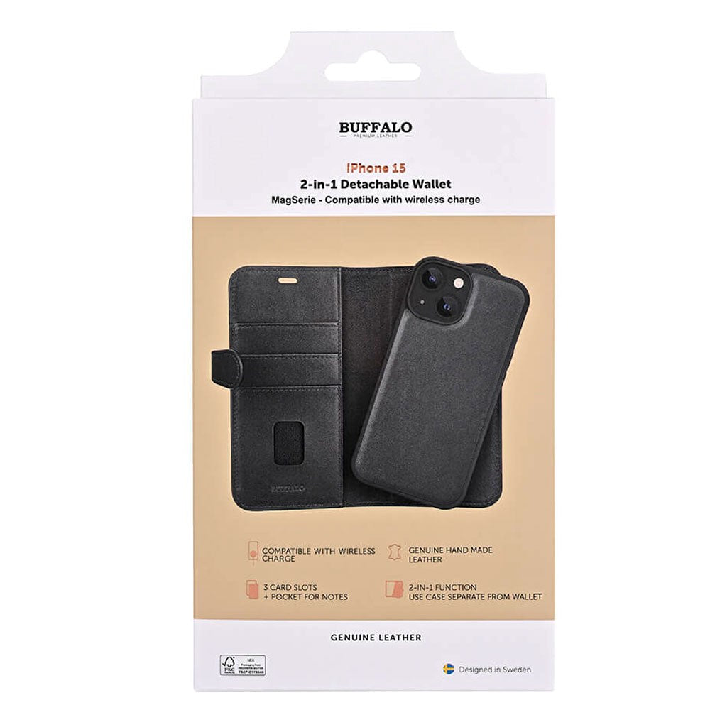 iPhone 15 Buffalo 2-in-1 Wallet Ægte Læder Magnet Flip Cover m. Pung - Sort