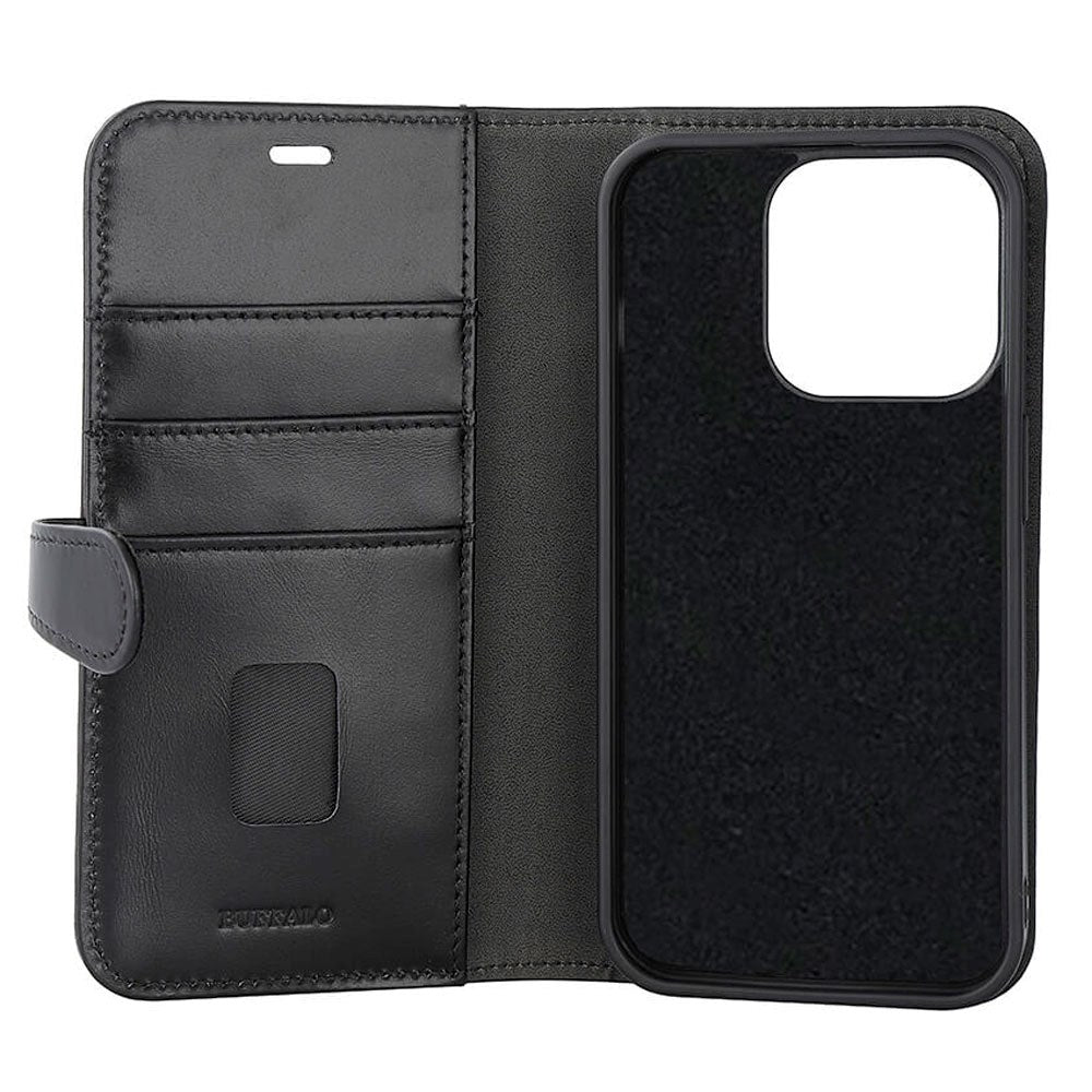 iPhone 15 Pro Buffalo 2-in-1 Wallet Ægte Læder Magnet Flip Cover m. Pung - Sort