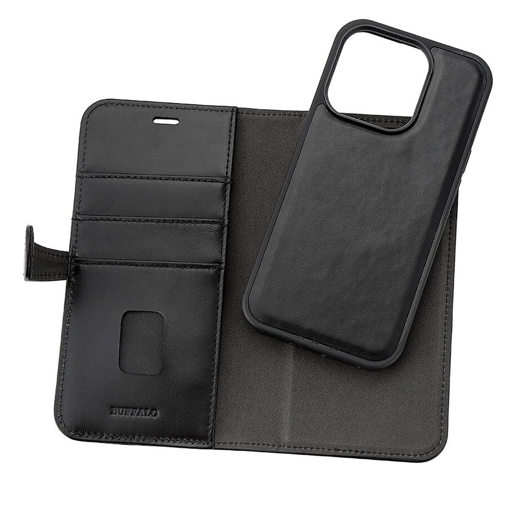 iPhone 15 Pro Buffalo 2-in-1 Wallet Ægte Læder Magnet Flip Cover m. Pung - Sort