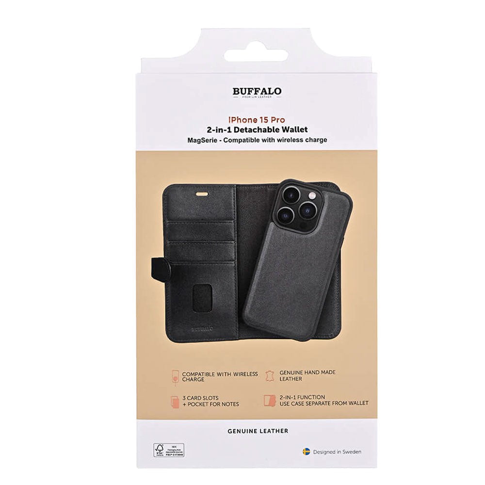 iPhone 15 Pro Buffalo 2-in-1 Wallet Ægte Læder Magnet Flip Cover m. Pung - Sort