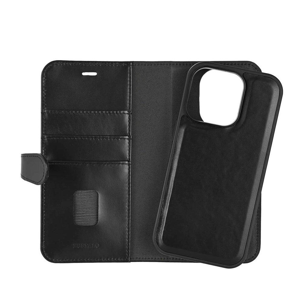 iPhone 16 Pro Buffalo 2-in-1 Wallet Ægte Læder Magnet Flip Cover m. Pung - MagSafe Kompatibel - Sort
