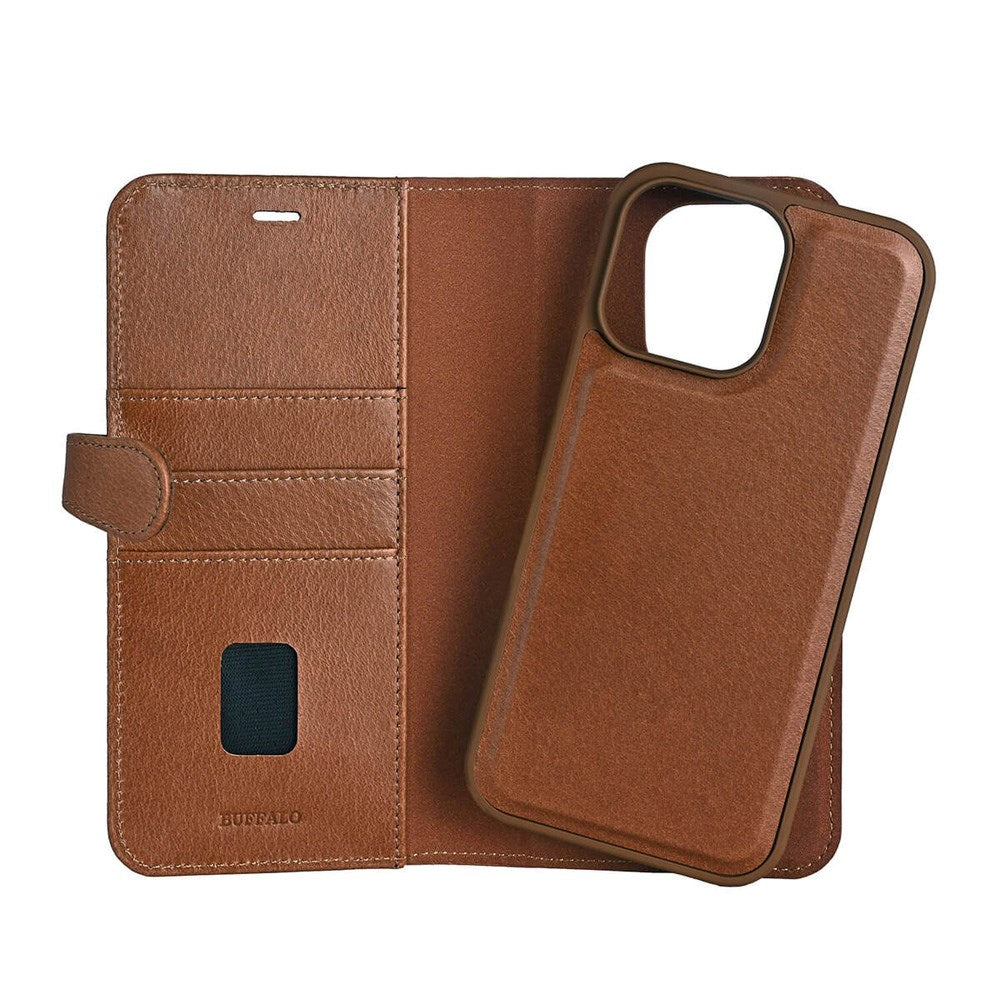 iPhone 16 Pro Max Buffalo 2-in-1 Wallet Ægte Læder Magnet Flip Cover m. Pung - MagSafe Kompatibel - Brun
