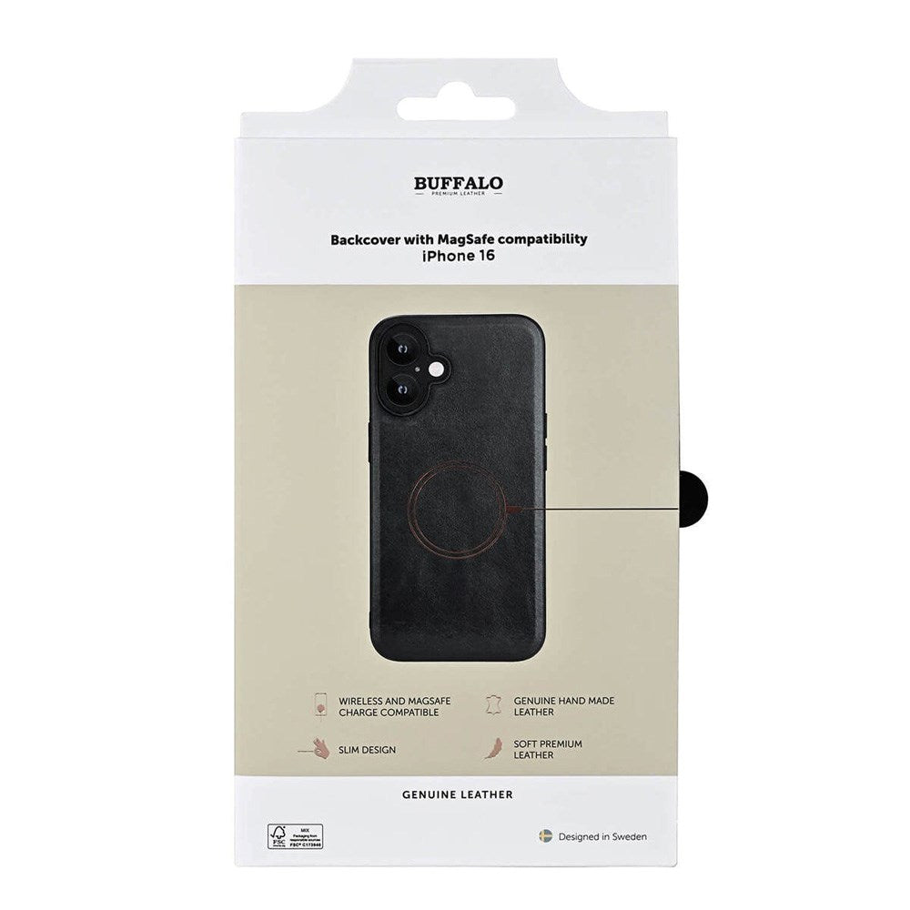 iPhone 16 Buffalo Ægte Læder Bagside Cover - MagSafe Kompatibel - Sort