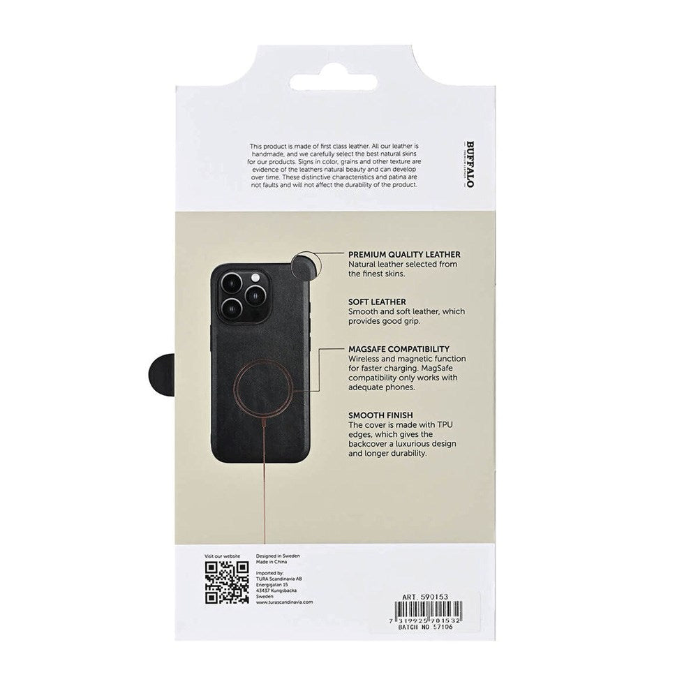 iPhone 16 Pro Buffalo Ægte Læder Bagside Cover - MagSafe Kompatibel - Sort