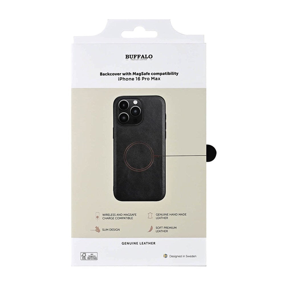 iPhone 16 Pro Max Buffalo Ægte Læder Bagside Cover - MagSafe Kompatibel - Sort