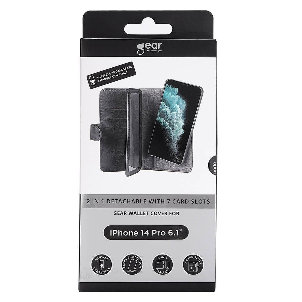 iPhone 14 Pro GEAR Wallet - Læder Flip 2-i-1 Cover m. Pung 7 Kort - Sort
