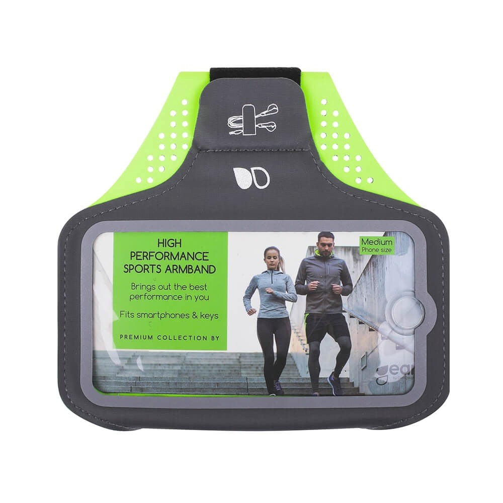 GEAR Universal Sportsarmbånd til Smartphone m. Lomme til Nøgle & Reflekskant (Maks. Mobil: 70 x 145mm) - Grå / Grøn