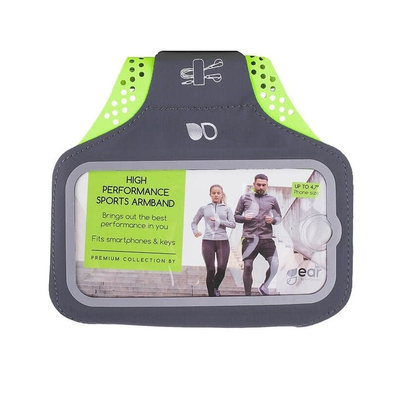 GEAR Universal Sportsarmbånd til Smartphone m. Lomme til Nøgle & Reflekskant (Maks. Mobil: 70 x 140mm) - Grå / Grøn