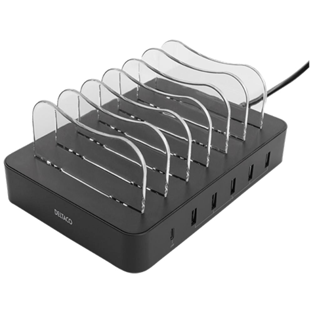 Deltaco 6 Port 50W Charging Station Familiy m. 5 x USB-A / 1 x USB-C Port - Sort