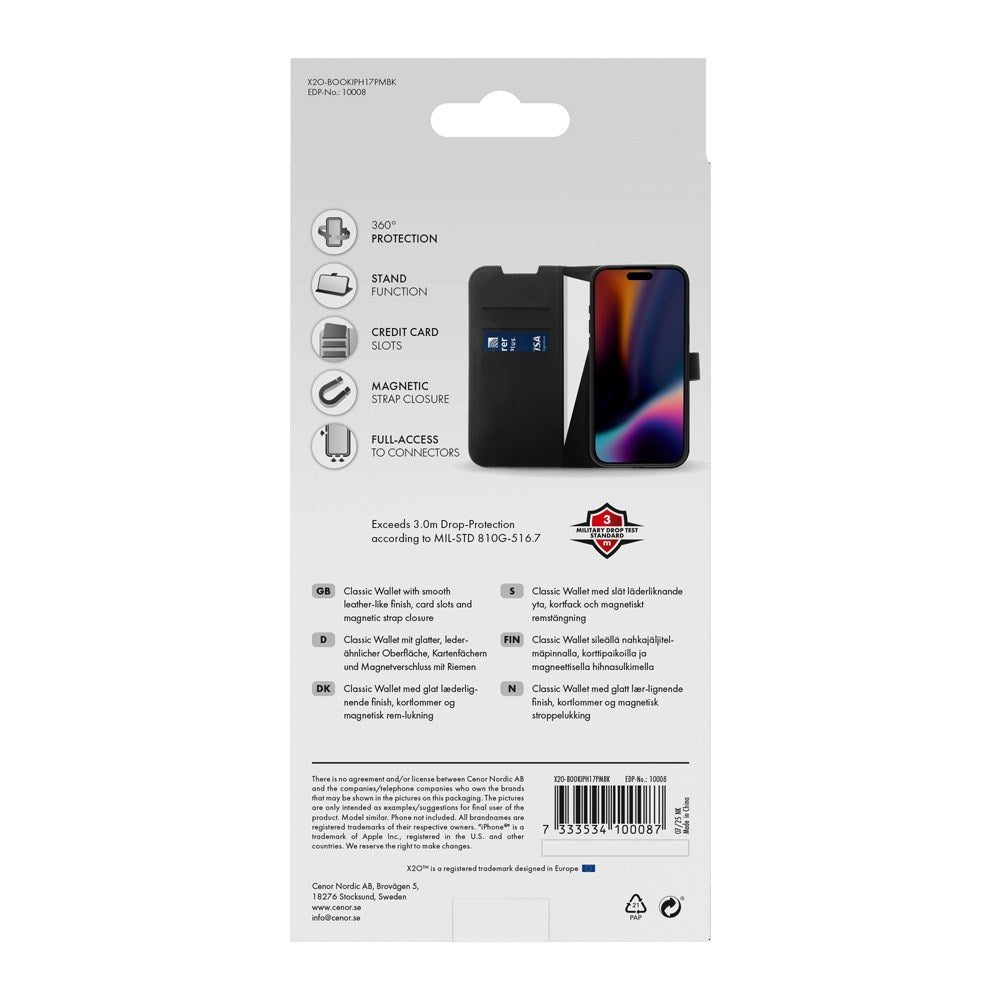 iPhone 17 Pro Max X2O Classic Wallet Flip Case m. Pung & Ståfunktion - Sort