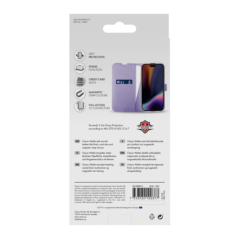 iPhone 17 X2O Classic Wallet Flip Case m. Pung & Ståfunktion - Lilla