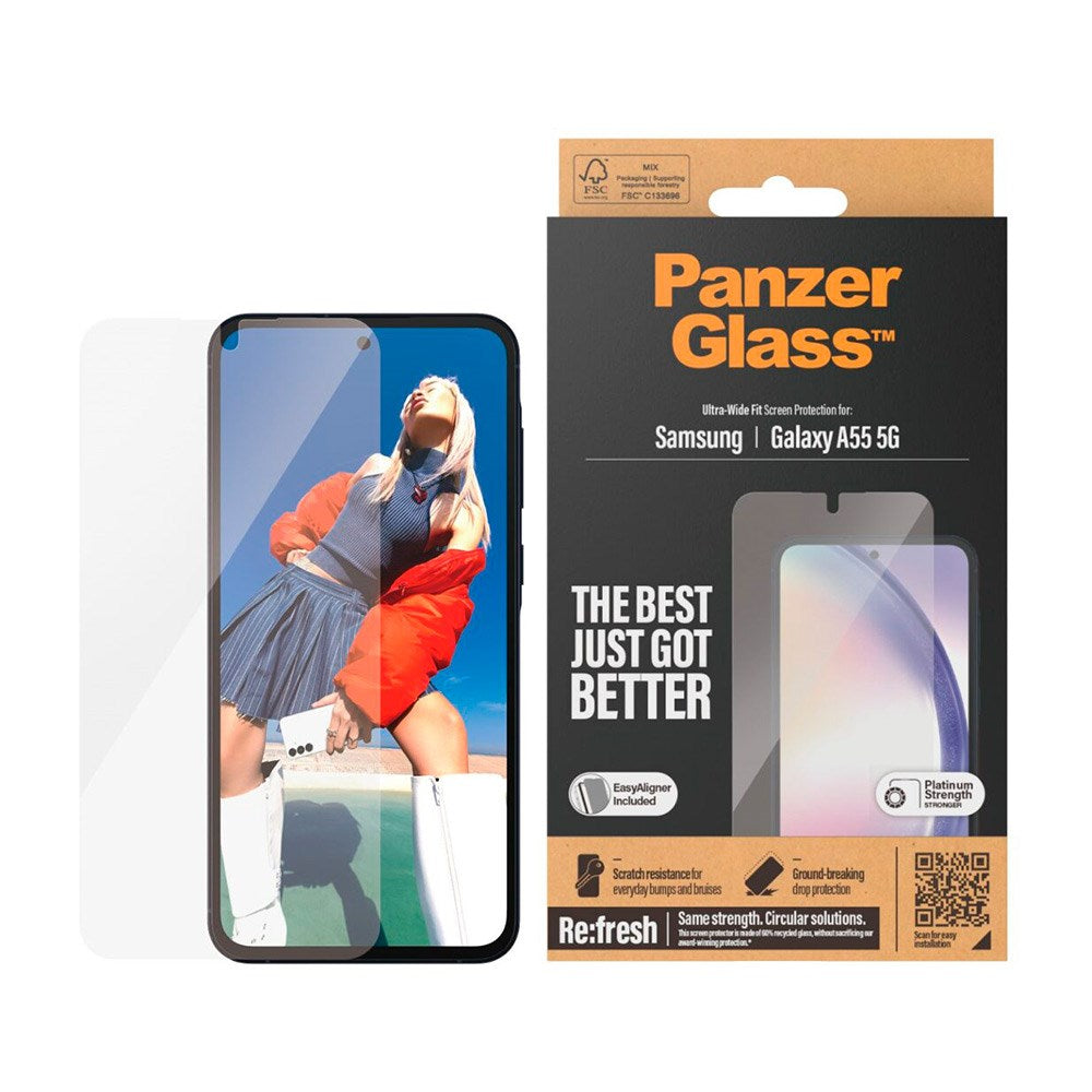 Samsung Galaxy A55 (5G) PanzerGlass Ultra Wide Fit Re:fresh Beskyttelsesglas m. EasyAligner - Platinum Strength - Gennemsigtig
