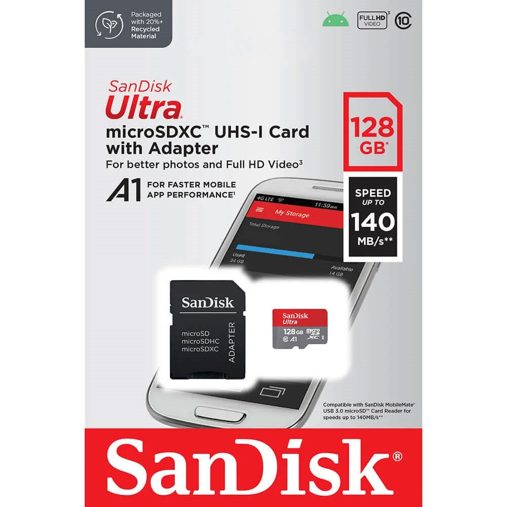 SanDisk 128GB Micro SDXC Hukommelseskort m. Adapter - Rød / Grå