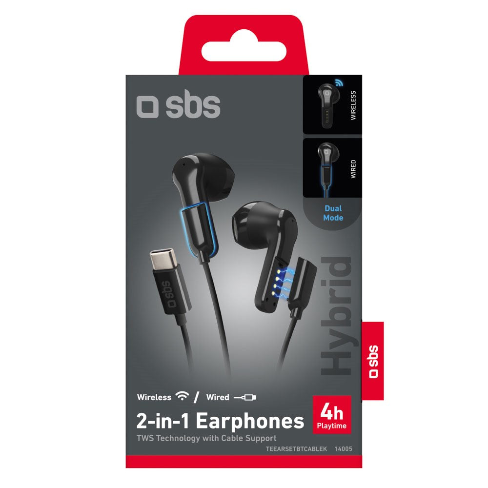 SBS Hybrid 2-i-1 Høretelefoner - med / uden Ledning - USB-C - Sort
