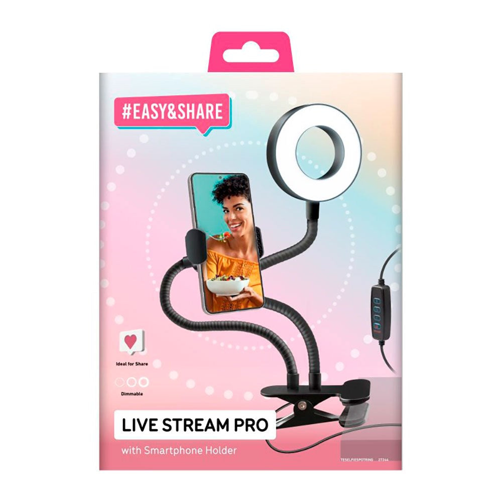 SBS LED Ring Light m. Bordclip, Mobilholder & Justerbare Arme - Max Mobil: 85mm - Sort