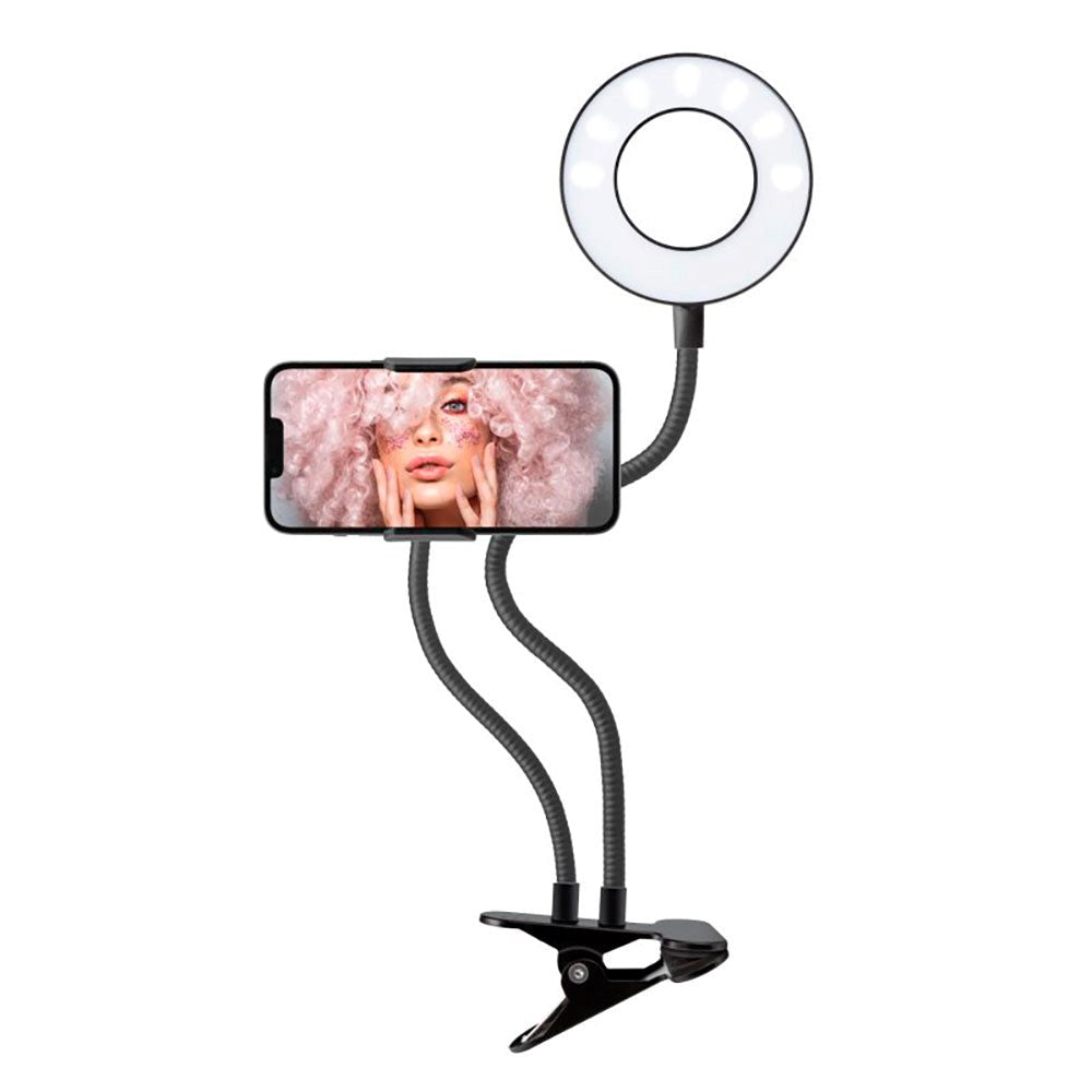 SBS LED Ring Light m. Bordclip, Mobilholder & Justerbare Arme - Max Mobil: 85mm - Sort