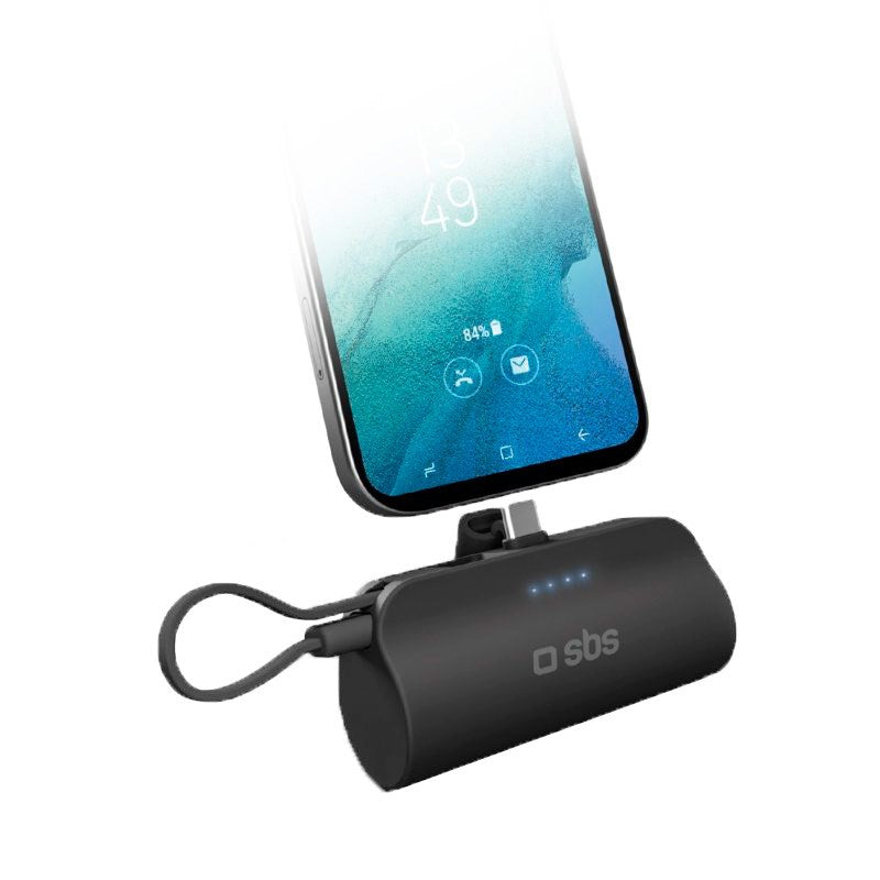 SBS Powerbank Nano Tube 12W / 5.000mAh m. Stand & USB-C Kabel - Sort