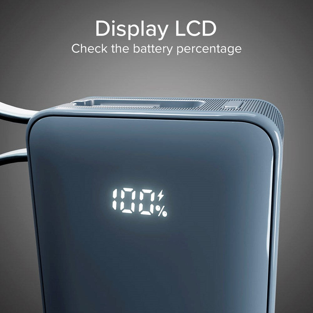 20W LCD PowerBank m. 1x USB-A & 1x USB-C - SBS - 10.000 mAh - Indbygget USB-C Kabel - Blå