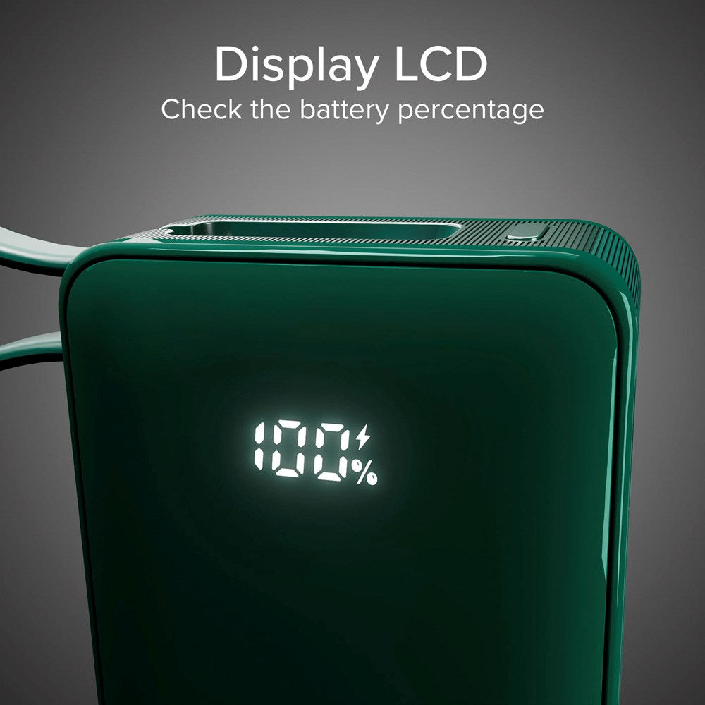 20W LCD PowerBank m. 1x USB-A & 1x USB-C - SBS - 10.000 mAh - Indbygget USB-C Kabel - Grøn