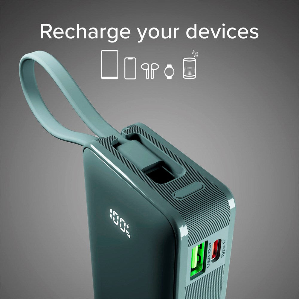 20W LCD PowerBank m. 1x USB-A & 1x USB-C - SBS - 10.000 mAh - Indbygget USB-C Kabel - Lyseblå