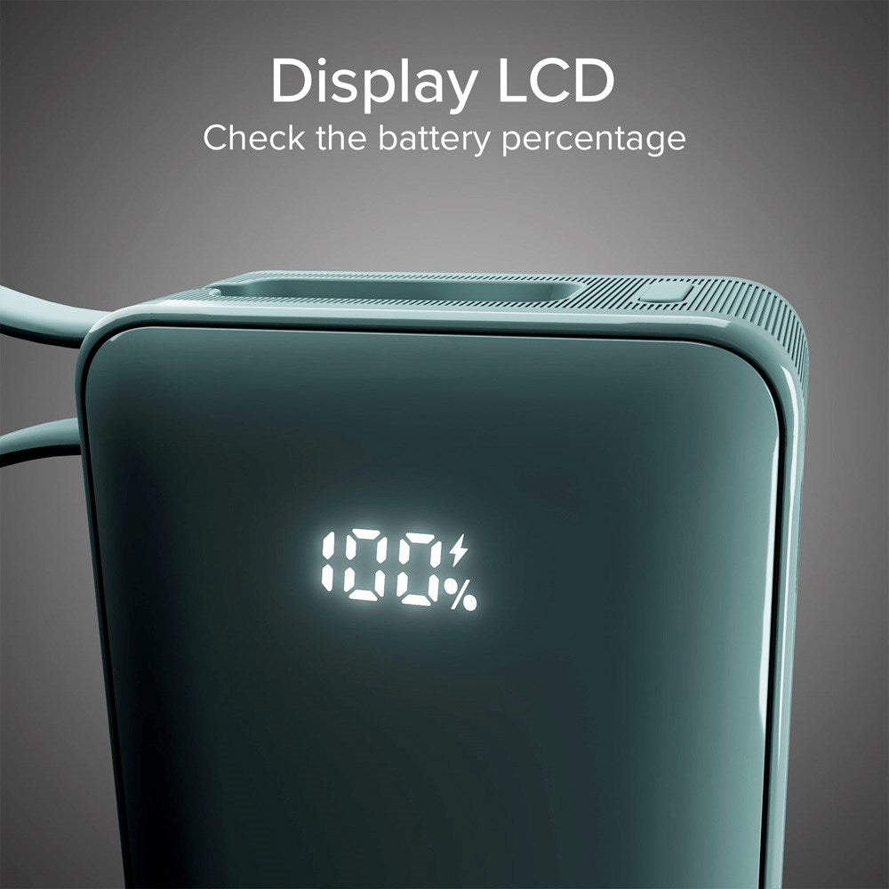 20W LCD PowerBank m. 1x USB-A & 1x USB-C - SBS - 10.000 mAh - Indbygget USB-C Kabel - Lyseblå