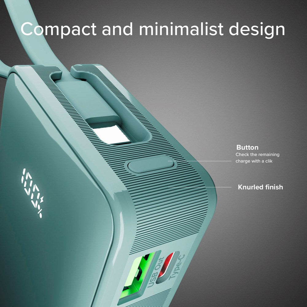 20W LCD PowerBank m. 1x USB-A & 1x USB-C - SBS - 10.000 mAh - Indbygget USB-C Kabel - Lyseblå