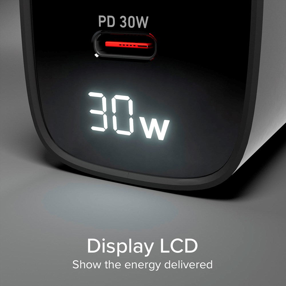 SBS - 30W - LCD Vægoplader - 1x USB-A & 1x USB-C - Sort
