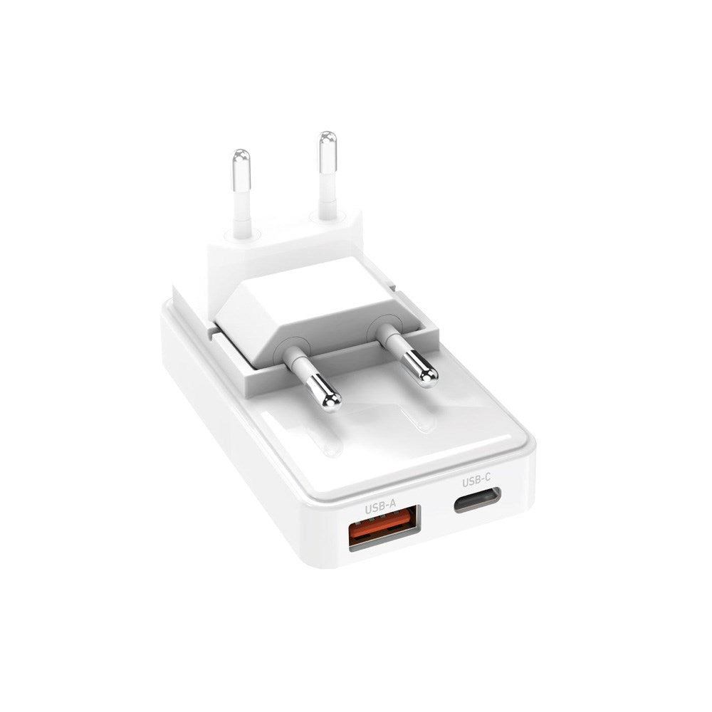 SBS - 65W - Flexi Foldbar Vægoplader - 1x USB-A & 1x USB-C - Hvid