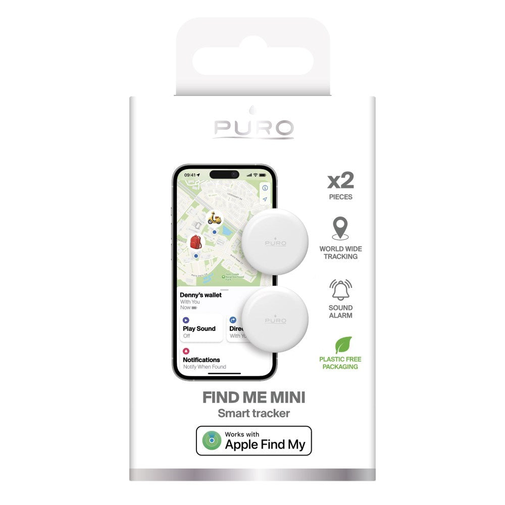 Puro Find Me Mini Dual GPS Tracker - Apple Find My & Android Find Hub - 2 stk - Hvid