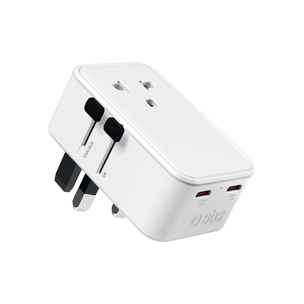 SBS Ekstra Slank Rejseadapter - UK / US / AUS - 1 x USB-A - 2 x USB-C - Hvid