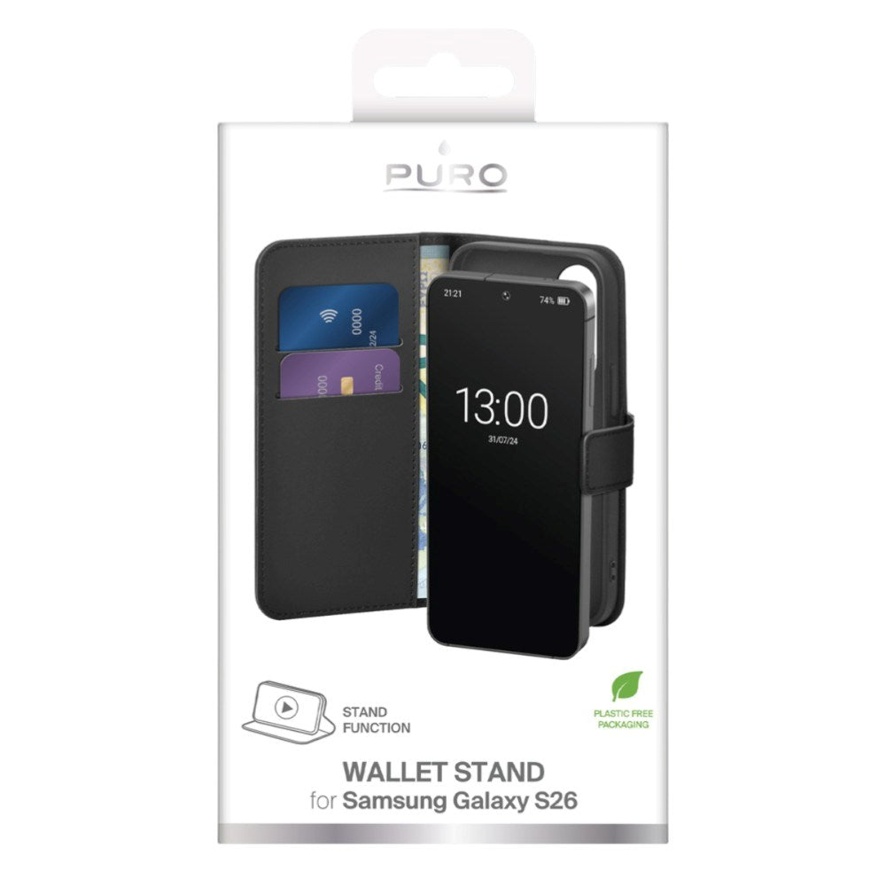 PURO Samsung Galaxy S26 Eco-Leather Flip Cover m. Pung & Stander - Sort