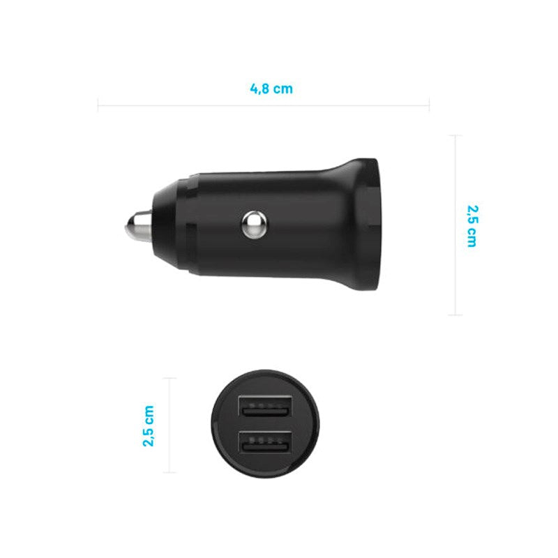 Fixed - Mini Biloplader 2x USB-A / 1x Lightning Kabel - 15W - 1m - Sort