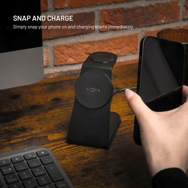 FIxed 3-i-1 Trådløs Opladningsdock 15W til Smartphone / Apple Watch / AirPods - Sort