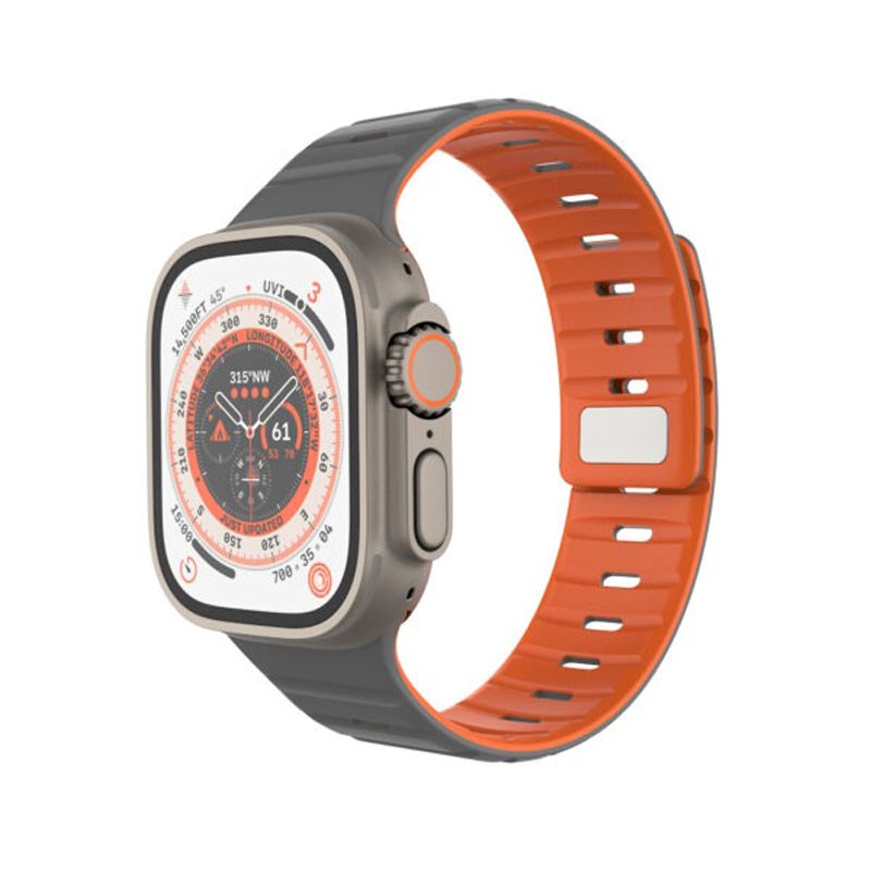 Apple Watch (42/44/SE/45/46/49mm) Fixed Silikone Urrem med Magnetisk Lukning - Grå / Orange