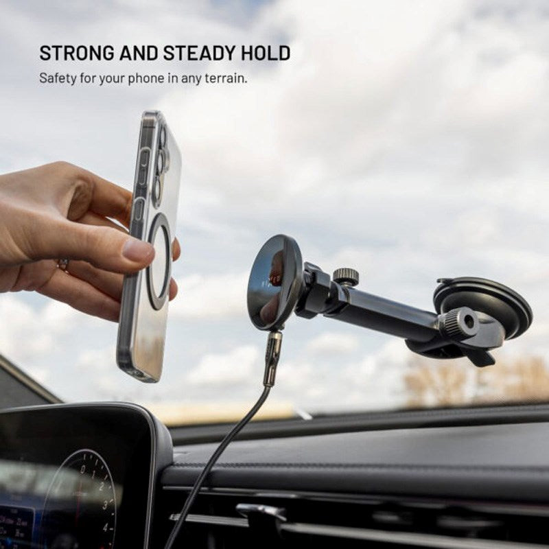 Fixed Mobilholder til Bil med 15W Trådløs Opladning til Forrude / Instrumentbræt - Sort