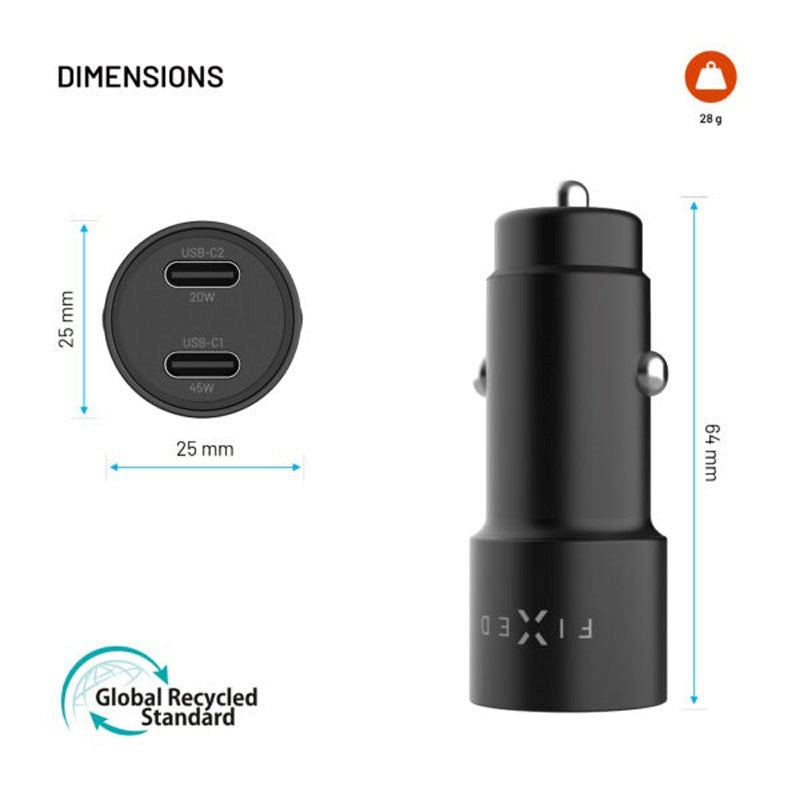 Fixed Biloplader - 65W - 2 x USB-C - Sort