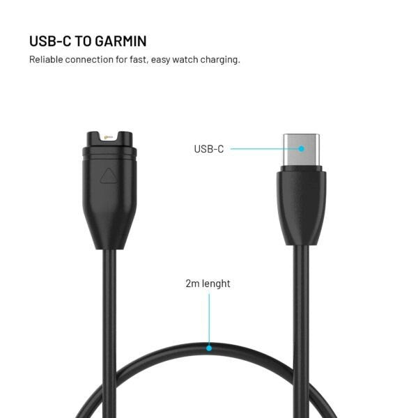 Fixed USB-C Kabel til Garmin Ur - 2m - Sort