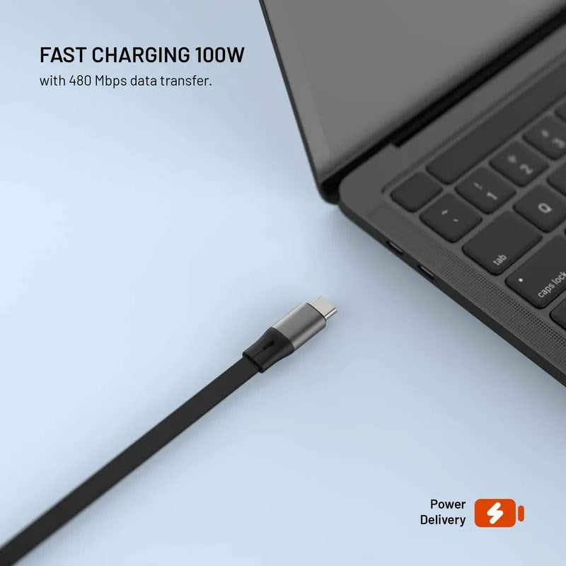 Fixed Udtrækkeligt Kabel - USB-C til USB-C - 100W - 1m - Sort